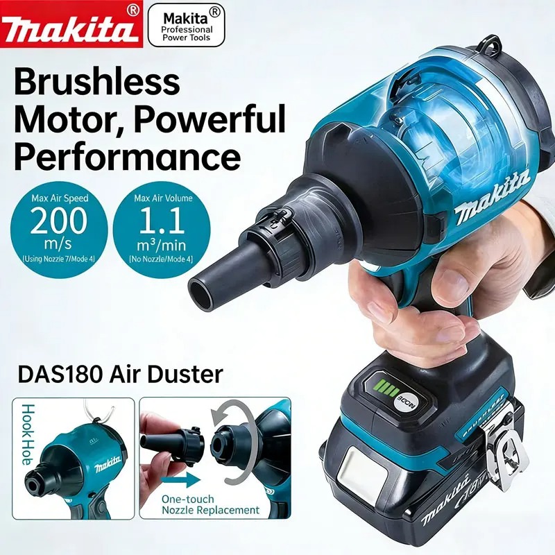 Diy Electronics Workshop - มากีต้า DAS180 18V เครื่องเป่าฝุ่นไร้สายแบบไม่มีแปรงถ่านพร้อมหัวฉีดสำหรับการบำรุงรักษาพีซี เวิร์คช็อป เครื่องมือทำความสะอาดอุปกรณ์อิเล็กทรอนิกส์