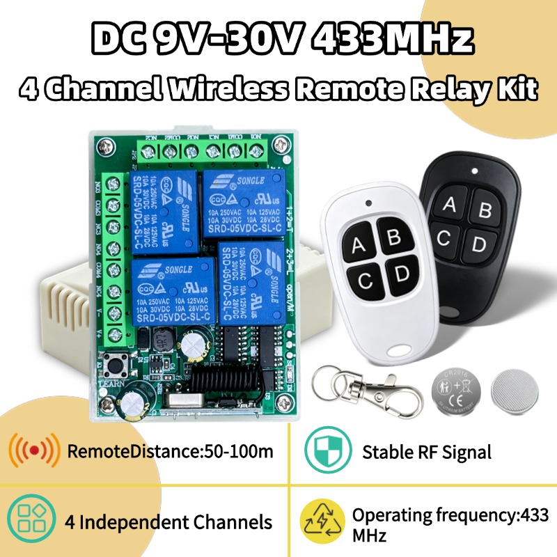 Rf 433Mhz Module - รีโมทคอนโทรลไร้สายอเนกประสงค์ 433MHz DC 12V 4CH รีเลย์รับสัญญาณ