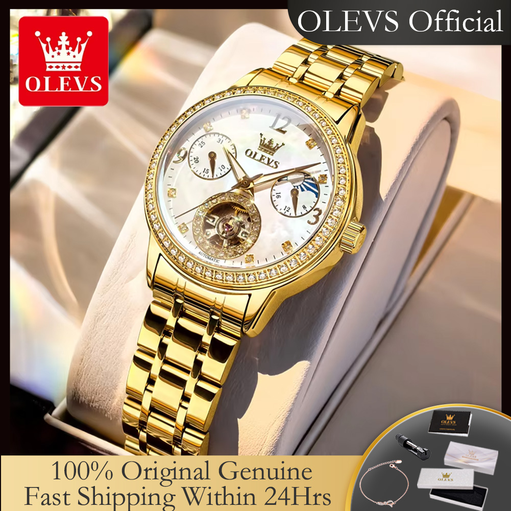 Push Button Tactile - OLEVS 6750 นาฬิกาผู้หญิงอัตโนมัติสแตนเลสสตีลฮอลโลว์ มูนเฟส โครโนกราฟ หรูหรา