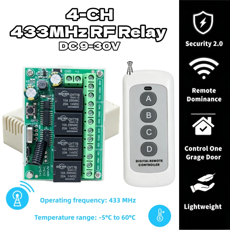 Rf 433Mhz Module - รีโมทคอนโทรลไร้สายอเนกประสงค์ DC 12V 4CH รีเลย์รับสัญญาณ พร้อมตัวส่งสัญญาณ